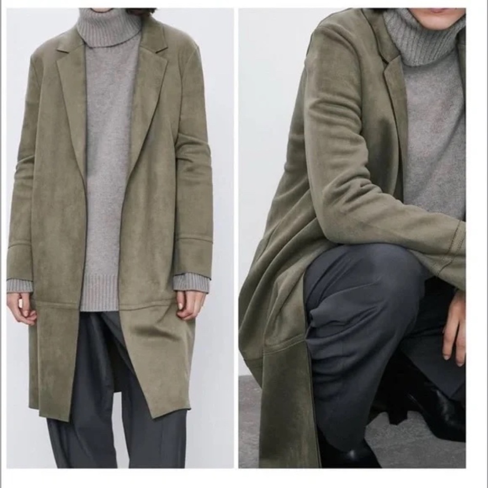 ZARA Khaki Green Micro Suede Duster Coat